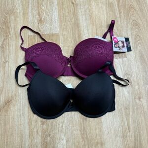 MAIDENFORM PUSH UP BRAS 2 PACK BLACK PURPLE LACE SIZE 34D WIRED ADJUSTABLE NEW